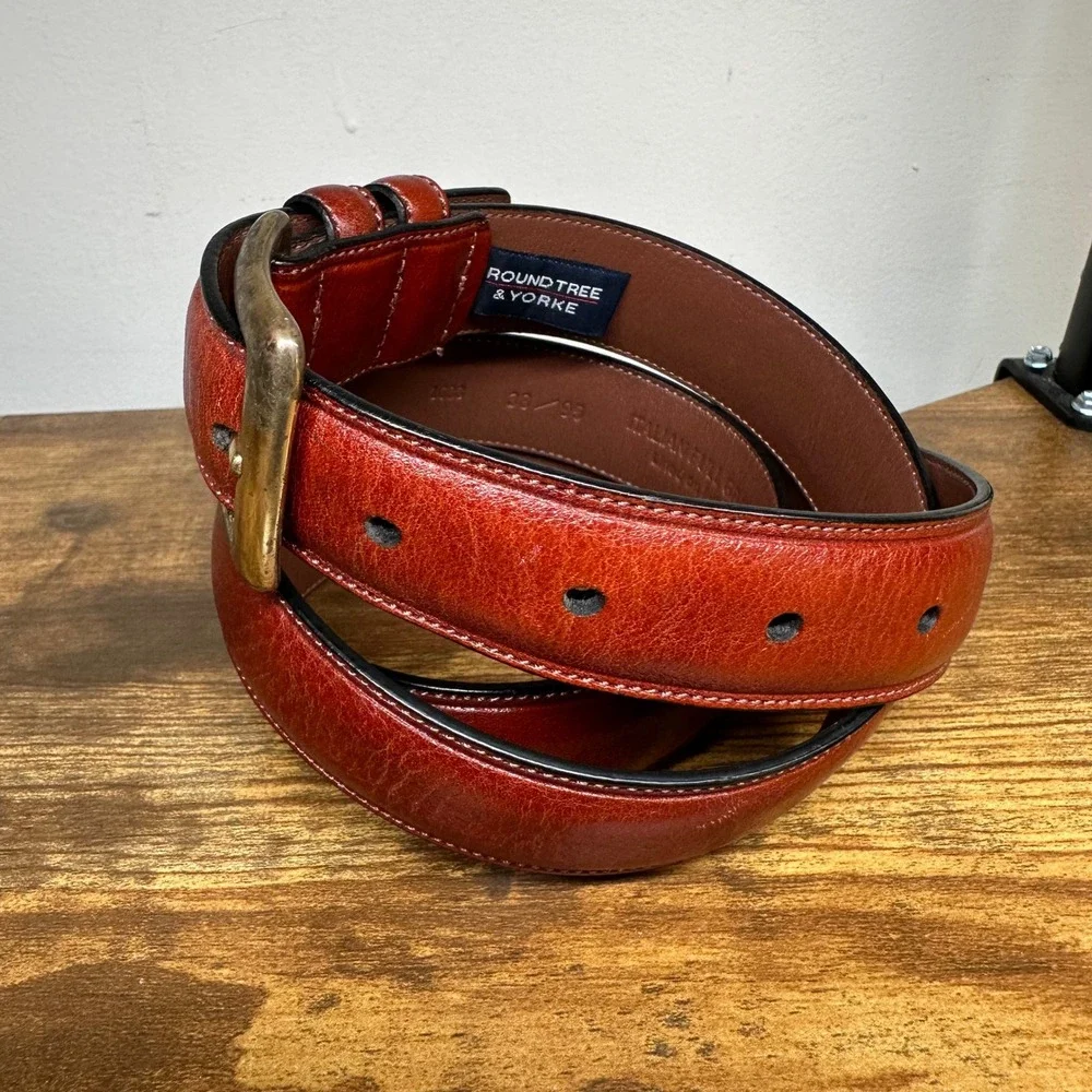 Roundtree & Yorke Mens Brown Italian Full Grain Leather Belt Solid Brass 38 95